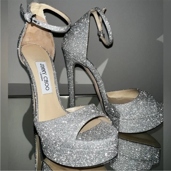 Jimmy Choo Max 150 Metallic Silver Glitter Platform Stiletto Sandals 35 - Picture 4 of 14